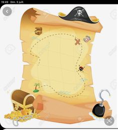 an old paper scroll with pirate symbols and a hat on it stock photo - image