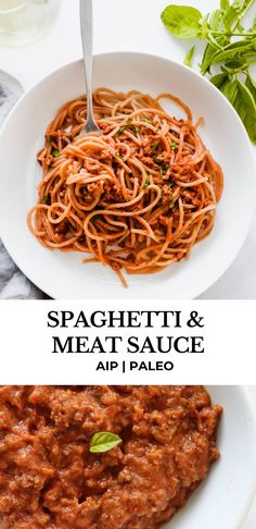 spaghetti and meat sauce in a white bowl with basil leaves on the side next to it