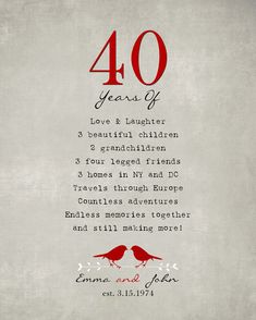 an anniversary card with two red birds on it and the words 40 years of love and laughter