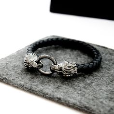 Black Silver Lion Bracelet Jaguar Kada For Men, Luxury Leather Braided Men's Bracelet, Lion Bangle Gold, Men’s Lion Bracelet, Husband Valentine, Black Rhodium