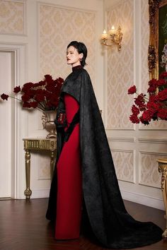 Antonella Sheath Cape Sleeved Silk Floor Length Dress | MEAN BLVD Silk Floor Length Dress, Vampire Fashion, Dystopian Fashion, Cape Designs, Long Cape, Mean Blvd, Royal Dresses, Floor Length Dress, Sleeveless Gown