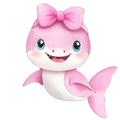 a pink and white baby shark with a big bow on it's head is smiling