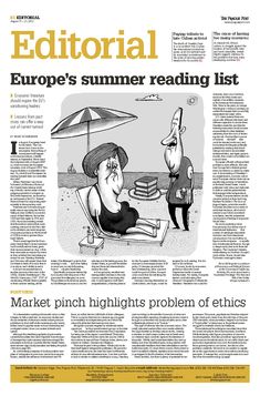 a newspaper article with an image of two people on the beach and one is reading