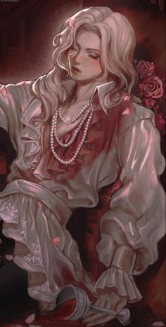 a painting of a woman with long blonde hair and pearls on her head, sitting in a chair