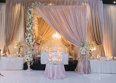 an elegant wedding setup with white flowers and candles