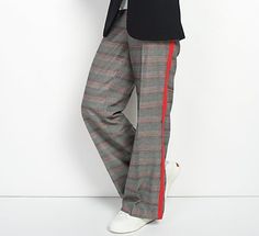 We'll have what she's having. If you like things "on the side," you're gonna love these plaid pants. The contrasting side stripe takes them from polished to perfection! From G.I.L.I. got it love it®. Fabrication: woven Hardware: front zipper fly with hook and bar closure Features: allover plaid pattern, functional slash front pockets, faux welt back pockets, solid stripe side seam detail, pressed pleat on center front leg Fit: semi-fitted; follows the lines of the body with added wearing ease Le Wide Leg Plaid Pants, Plaid Slacks, Pants Patterns, Red Plaid Pants, Peplum Tankini, Raglan Sleeve Sweatshirt, Knitted Cape, Strapless Jumpsuit, Flare Leg Jeans