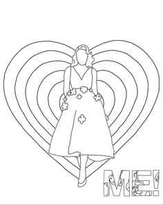 a woman in a dress with the word me on it and a heart shaped background