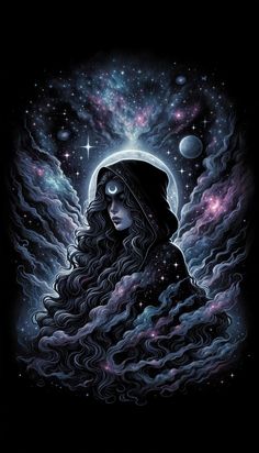 a woman with long hair standing in front of the moon and stars, surrounded by clouds