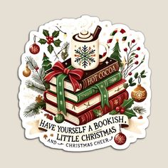 a stack of books with christmas decorations on top and the words, have yourself a bookish little christmas cheer