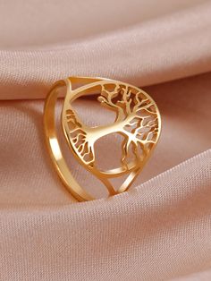 Amarillo Oro  Collar  Acero Inoxidable   Embellished Tree Of Life Ring, Hollow Ring, Gold Jewellry, Talisman Jewelry, Gift For Anniversary, Single Ring, Silver Jewelry Design, Couple Ring, Watches Women Fashion