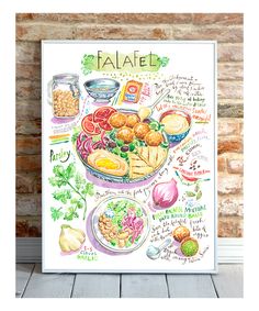 a poster with some food on it in front of a brick wall