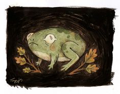 a drawing of a frog sleeping on top of leaves