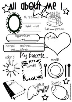 all about me worksheet for kids with pictures and words to color on the page