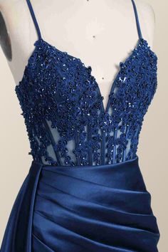 STACTS ROBE FORMELLE DE LA LACE ROUGE ET SATIN Navy Blue Prom Dress, Cute Prom Dresses, Grad Dresses, Royal Blue Dresses