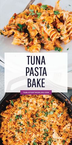 the recipe for tuna pasta bake in a skillet