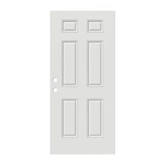 a white door with three panels on the top and bottom panel, against a white background