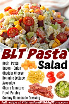 a poster with the words blt pasta salad on it