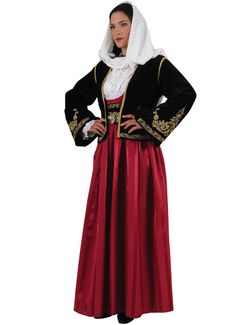 The Traditional Dress Kato Panagia Asia Minor Woman costume consists of: brocade dress shirt embroidered velvet vest embroidered belt headscarf The buckle is sold separately. Cyprus Clothing, Cyprus Women, Greek Traditional Dress, Greek Costume, Brocade Dresses, Folk Costume, Traditional Dress, Traditional Clothing, Costume Outfits