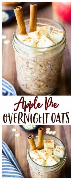 apple pie overnight oats in a jar with cinnamon stick garnishes on top