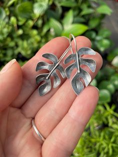 Large Silver Earrings, Sheet Metal Earrings, Unique Silver Earrings, Handmade Metal Earrings, Sterling Silver Leaf Earrings With Ear Wire, Silversmithing Earrings, Nature-inspired Sterling Silver Pierced Earrings, Handmade Nature-inspired Silver Earrings, Silver Clay Earrings