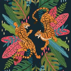 two tigers surrounded by tropical leaves on a black background