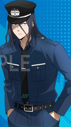 an anime character with long black hair wearing a police uniform and standing in front of a blue background