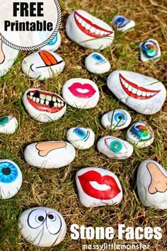 painted rocks with eyes and mouths on them in the grass next to a sign that says free printable stone faces