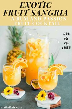 two glasses of exotic fruit sangria with orange slices and garnish on the rim