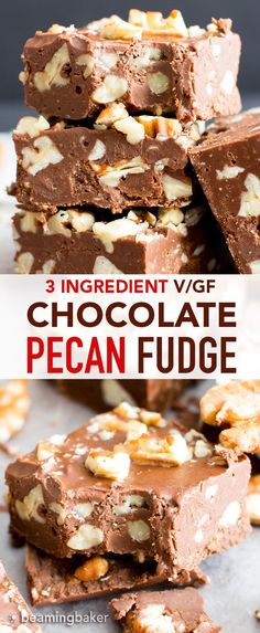 chocolate pecan fudge with nuts on top and text overlay reading 3 ingredient v / gf chocolate pecan fudge