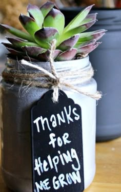 a potted plant sitting on top of a table next to a chalkboard sign