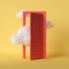 an open red door with a cloud coming out of it on a yellow background that appears to be floating in the air