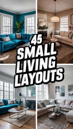 four different living rooms with blue couches and windows