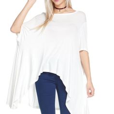 White High Low T-Shirt Tags: White Tee, White Blouse, White Comfy Tee, Cute White T-Shirt White Short Sleeve Top For Layering, Oversized White Blouse For Layering, Casual White Stretch Blouse, Cotton Batwing Sleeve Tops For Layering, Casual Batwing Sleeve Tops For Day Out, Summer Batwing Sleeve Top For Layering, Spring Day Out Batwing Sleeve Tops, Relaxed Fit Batwing Sleeve Tops For Day Out, Spring Batwing Sleeve Tops For Day Out