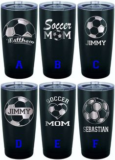 six personalized soccer tumblers with the names of each team