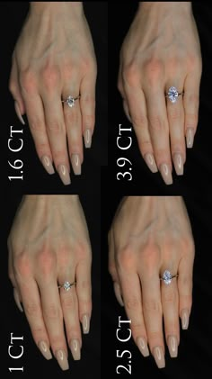 four different views of a woman's hand with an engagement ring