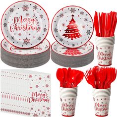 red and white christmas themed dinnerware set