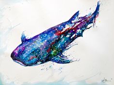 a painting of a blue fish floating in the water with stars on it's back