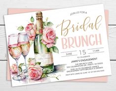 a bridal brunch party with wine glasses and roses on the front, in watercolor