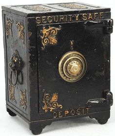 an old fashioned safe is shown on a white background with the words, security safe deposit