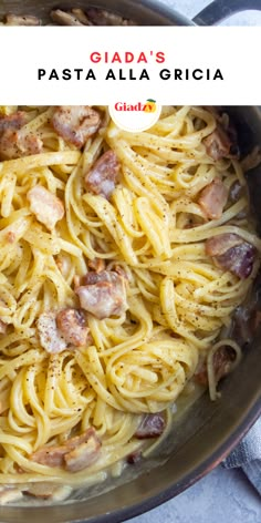 pasta with bacon and cream sauce in a pan