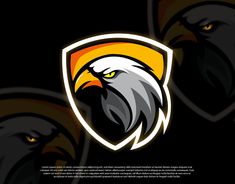 an eagle head with yellow eyes on a black and orange shield logo design for a sports team