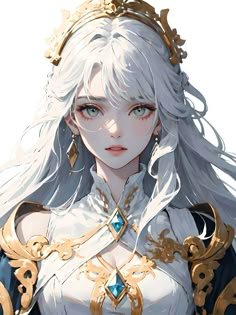 an anime character with white hair and blue eyes wearing gold jewelry, standing in front of a white background