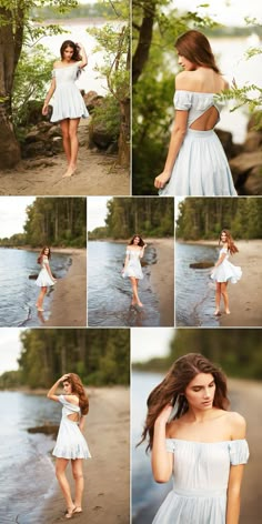 a woman in a white dress is posing by the water