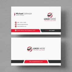 two business cards with red and black accents