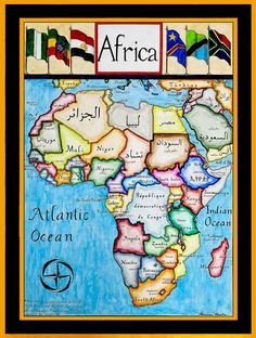 an african map with flags on it and the word africa written in different languages below