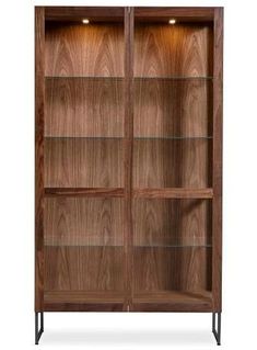 a wooden bookcase with glass doors on the front and bottom shelves in dark wood