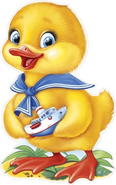 a yellow duck with a blue bandanna holding a white boat