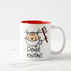 a white and red coffee mug with a cartoon character holding a toothbrush on it