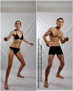 two pictures of a man and woman in swimsuits, one is posing for the camera