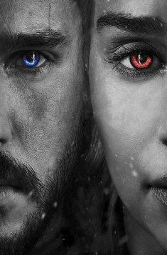 the poster for game of thrones showing two people with red eyes